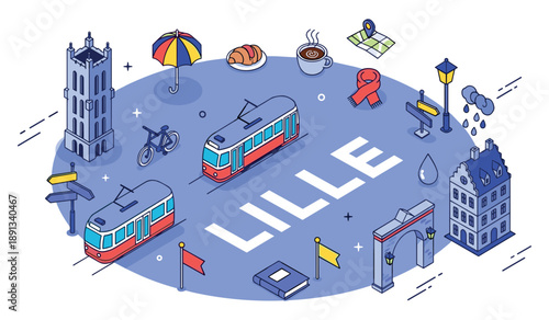 Lille icons: trams, landmarks, cuisine, and culture in vibrant illustration