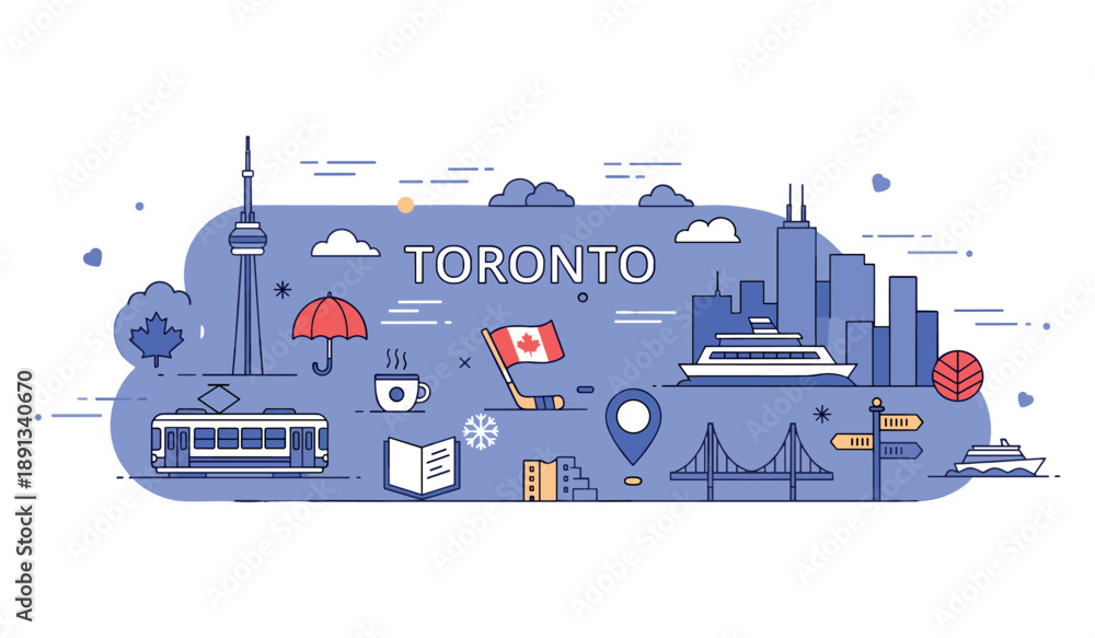 Fototapeta premium Canada travel icons featuring toronto landmarks and cultural symbols
