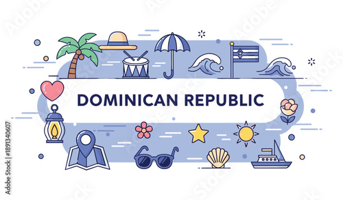Dominican republic icons: beach, adventure, and culture elements
