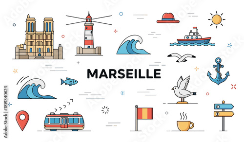Marseille icons: cathedral, lighthouse, ship, waves, seagull, metro, flag, anchor, hat