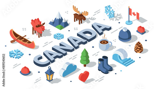 Isometric canada icons with maple leaf, moose, and snowy elements in winter theme