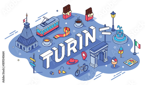 Turin italy travel design with landmarks coffee and local flair