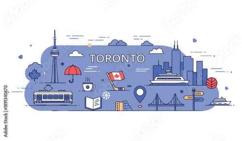 Canada travel icons featuring toronto landmarks and cultural symbols