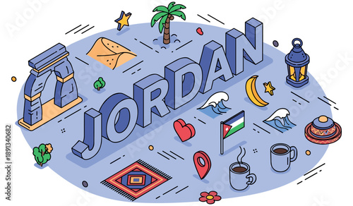 Colorful isometric illustration of jordan landmarks and cultural symbols