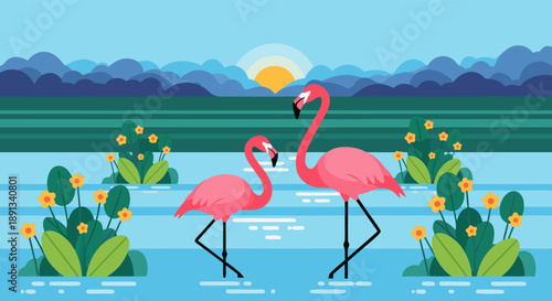 Two pink flamingos in a tropical lagoon. Vector illustration of serene exotic wildlife and nature at sunset, featuring lush plants and distant mountains