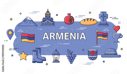 Symbols of armenia: church, pomegranate, bread, mount ararat, flag, and cup