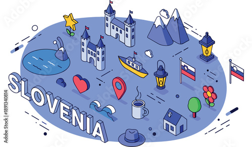 Charming slovenia: isometric landmarks and cultural icons illustration