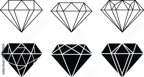 Set of diamond gemstone icons featuring various linear outlines and black silhouette shapes for jewelry design luxury branding and crystal graphic elements