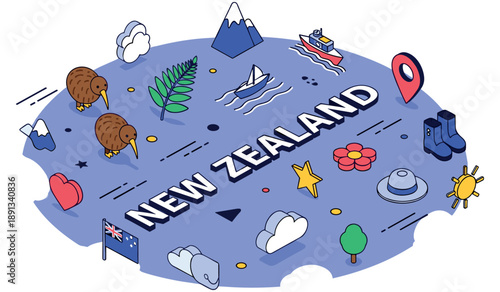 New zealand map illustration with kiwi birds, landmarks, and icons