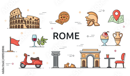 Rome icons: colosseum, pizza, roman helmet, scooter, and more