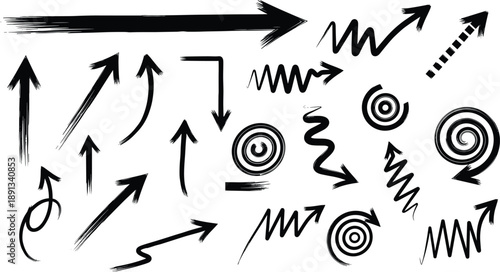Set of black hand drawn brush stroke arrows and spiral pointers featuring various textures and directions for expressive business presentation graphic elements