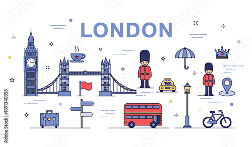 Iconic london landmarks with guards, big ben, tower bridge, and more