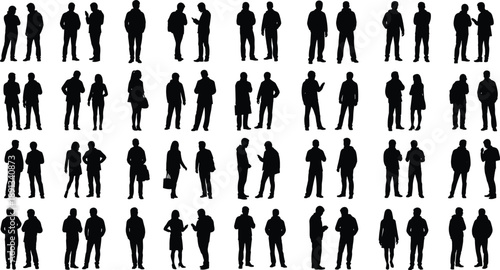 Large collection of black silhouettes featuring men and women standing in pairs talking and using phones for urban street scene graphic design