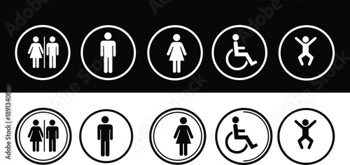 Collection of circular restroom icons featuring male female disabled and baby changing symbols for public facility navigation and universal information signage design