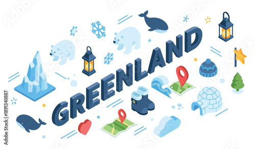 Greenland icons: polar bears, icebergs, igloos, and arctic wildlife