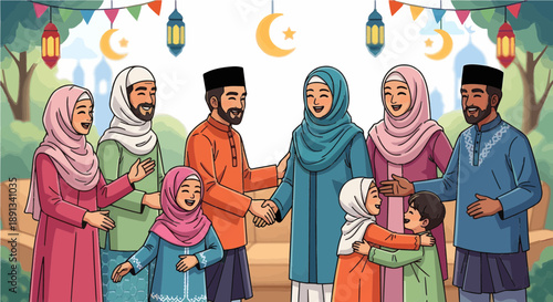 Happy Muslim Families Greeting and Shaking Hands During Eid al-Fitr Celebration Outdoors with Festive Decorations