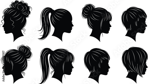 Set of Black Female Hair Silhouettes Featuring Various Hairstyles Including Ponytail Bun and Short Cuts for Beauty Salon and Fashion Graphic Design