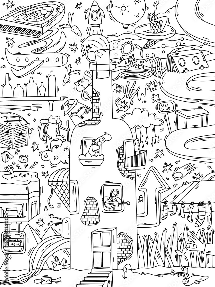 Fototapeta premium Kids and adults coloring page. Anti stress printable coloring book page for preschool, adults, children, teenagers. Surrealism story 