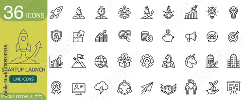 Inspiring business startup launch icon set. collection of line symbol vector graphics for technology, marketing, finance, and successful company growth
