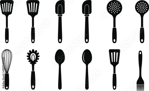Black Silhouette Icons of Common Kitchen Utensils Arranged in Grid Format for Cooking, Baking, and Food Prep Reference