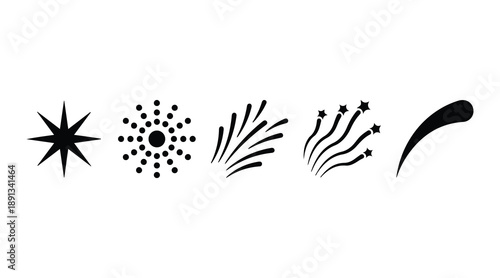 Minimalist set of black fireworks and sparkle silhouettes for festive event celebrations.