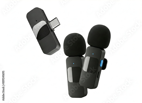 wireless lavalier microphone system with two transmitters and usb-c receiver isolated on white background