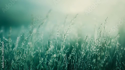 Lush green grass blades glisten with morning dew in soft natural light, creating a tranquil, peaceful outdoor background with gentle bokeh and fresh spring atmosphere