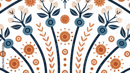 Vibrant floral pattern with blue orange flowers and leaves on white background for design