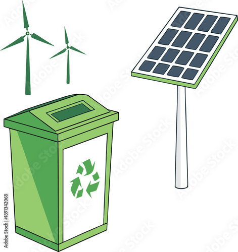 Eco friendly waste management with solar panel and wind turbines for sustainable living