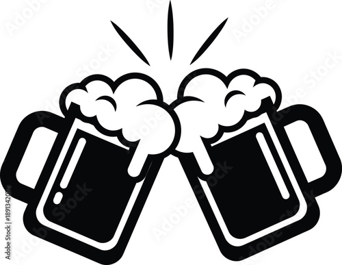 Dynamic vector illustration depicting two frothy beer mugs clinking together in a joyous toast, symbolizing celebration and camaraderie