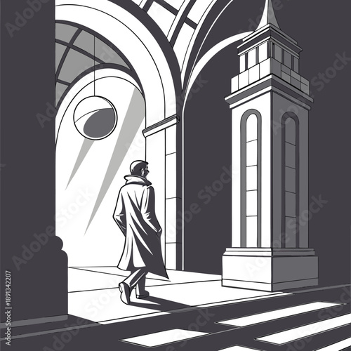 Mysterious figure walking through ancient archway into bright light