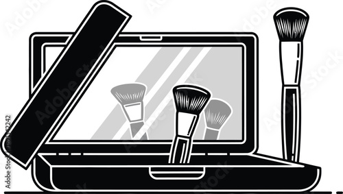 Illustration of makeup brushes reflected in a laptop screen, symbolizing digital beauty