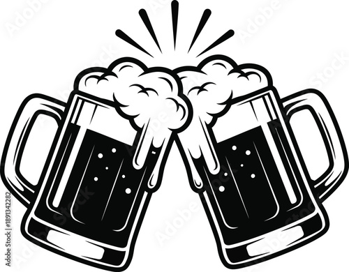 Vector illustration of two frothy beer mugs clinking together, symbolizing celebration, friendship, and joyful good times