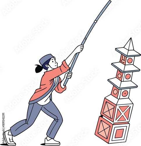 Woman building Jenga tower with long stick, isolated on transparent background