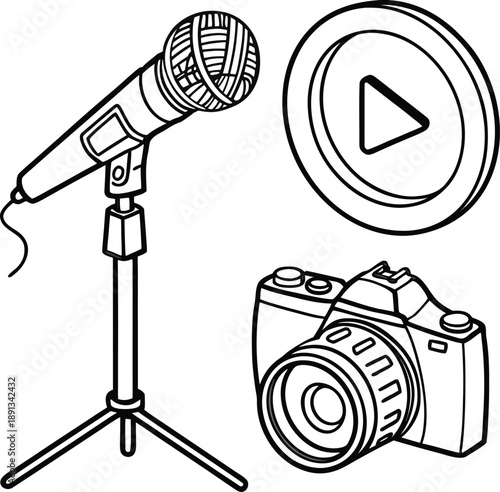 Media icon collection. Includes microphone, play button, and camera symbols. Created in line style with black and white palette
