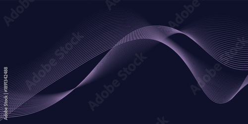 Dark abstract background with glowing wave. Shiny moving lines design element. Modern purple blue gradient flowing wave lines. Futuristic technology concept. Vector illustration