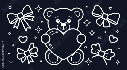 Adorable teddy bear holding a large heart surrounded by bows and stars on a Gradient Background