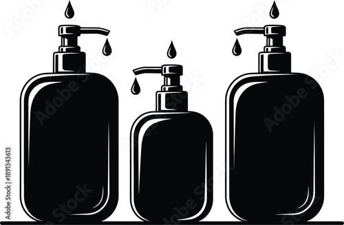 Stylized Black Pump Bottles with Dripping Liquid - A Graphic Illustration for Hygiene and Personal Care Products