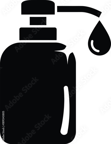 Graphic icon of a pump bottle dispenser with a liquid drop, representing soap, lotion, or sanitizer for hygiene and personal care