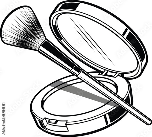 Stylish cosmetic powder compact with mirror and application brush, essential beauty tools for elegant facial makeup