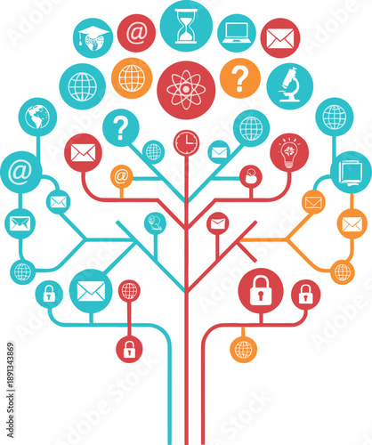 Digital communication and knowledge tree vector illustration with colorful icons for global networking information technology social media and electronic learning