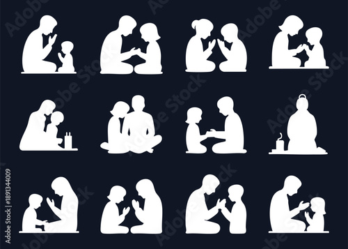Collection of white silhouettes showing adults and children praying or Gradient Background