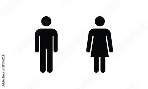 Minimal black icons of a man and woman standing side by side. Clean abstract pictogram design representing people, gender, restroom signage, or human identity concepts.