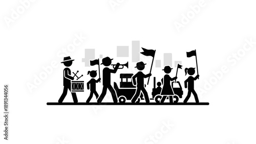Silhouette of people marching in protest with flags and banners.