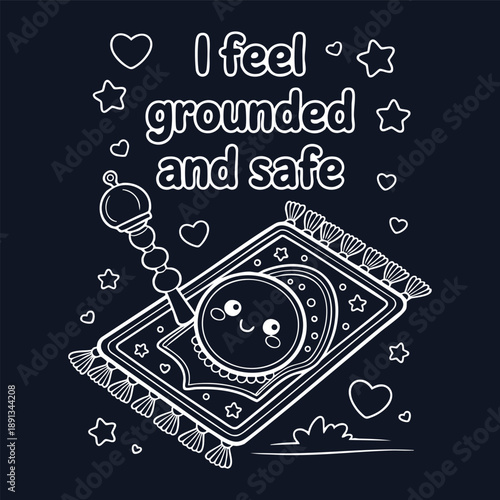 Cute cartoon prayer rug with smiling face and Islamic prayer beads on dark Gradient Background