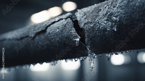 Cracked industrial metal pipe with frost and ice icicles in cold winter factory