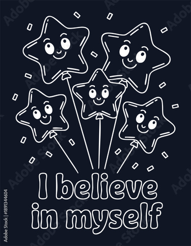 Five happy cartoon stars on balloons with confetti and text I believe in myself Gradient Background