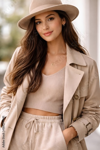 A young woman in a stylish beige outfit and hat posing outdoors