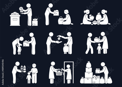 Set of Gradient Background White Silhouettes Showing Acts of Charity and Giving