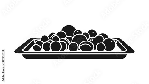 Black and white illustration of a tray filled with various fruits.